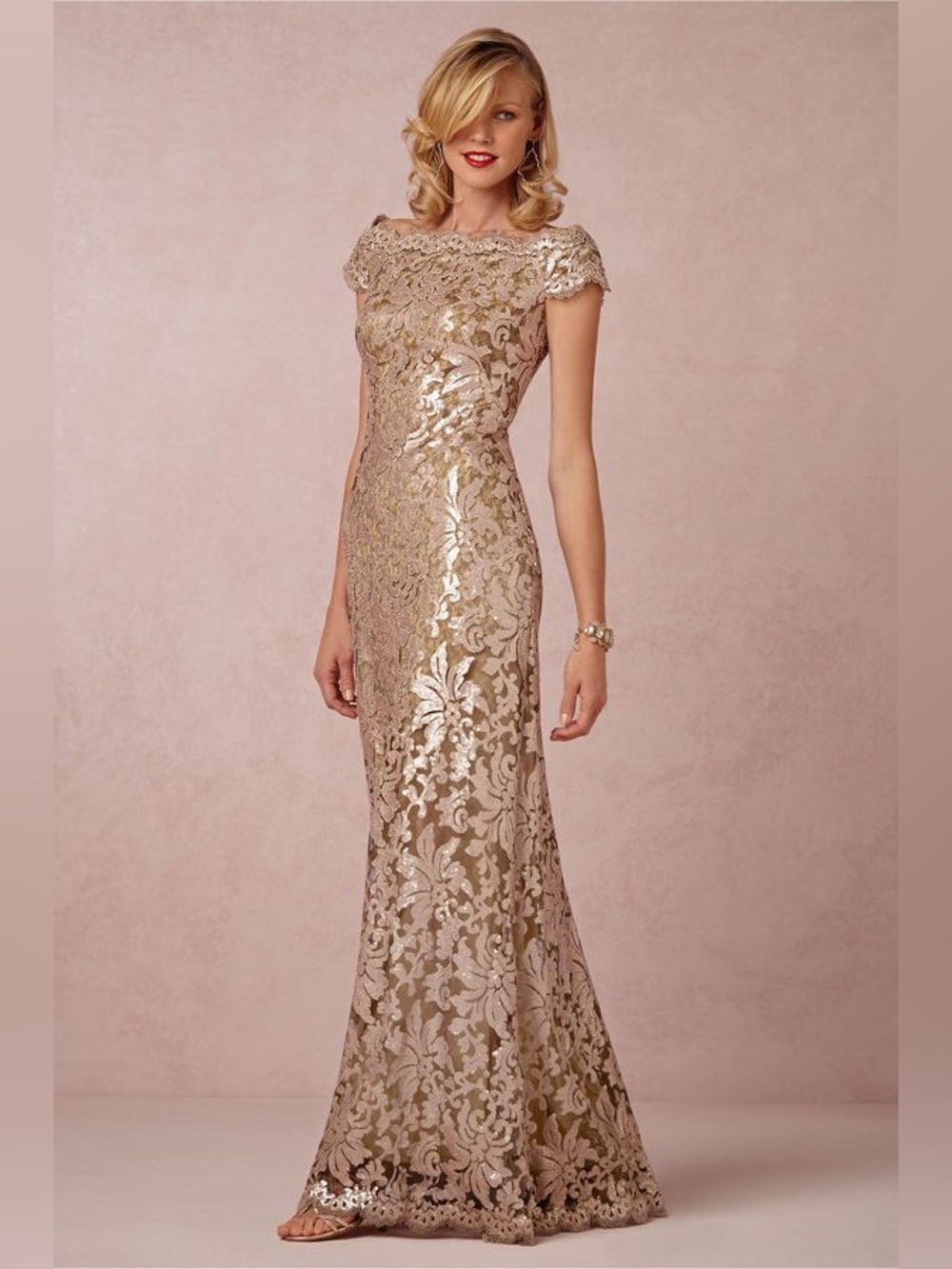Tadashi Shoji Odette Off-Shoulder Sequin Mesh Column Gown Size 6